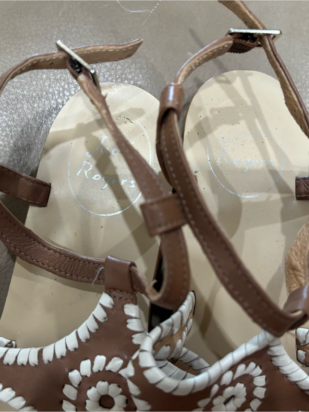 Jack Rogers Tan Leather T-strap Sandals with White Whipstitch - Picture 6 of 8